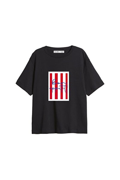 Bak Moda Bon Appetit Štampano opuštena crna ženska majica