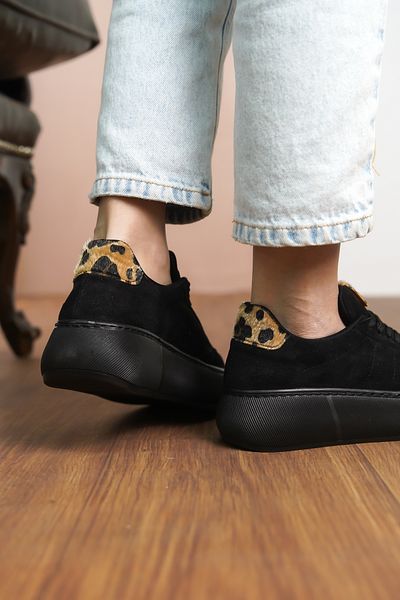 Moda Değirmeni Pantofi de damă din piele intoarsa neagra cu model leopard cu talpa groasa MD1165-101-0002
