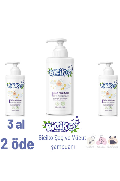 Biciko %100 Doğal Organik Vegan Şaç Ve Vücut Bebek Şampuanı 340 ML Dev İndirim 3 Al 2 Öde