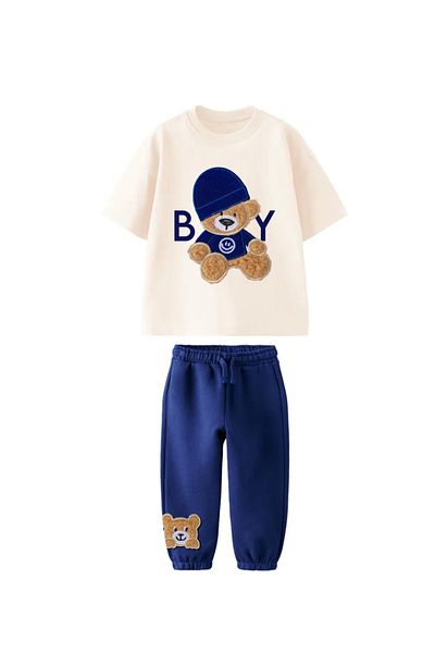 Lolliboomkids New Season Boy's Plush Teddy Bear Detailed T-Shirt Tracksuit 2 Piece Bottom Top Set