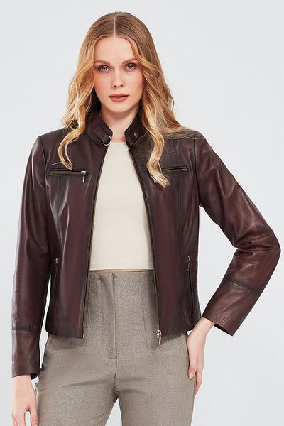 Derimod Alicia Claret Red Short Leather Women's Jacket - 23wge5908nc