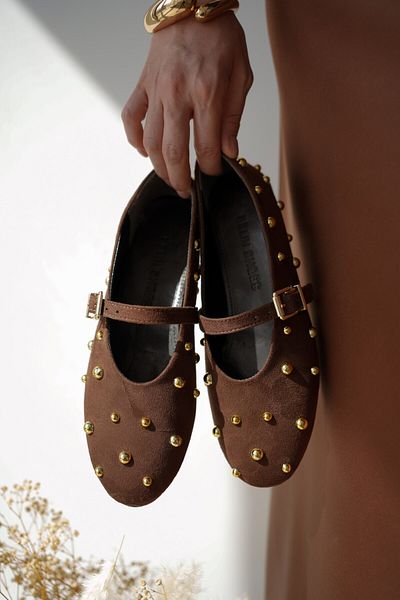 selinshoes Temy Women's Ballerinas with Staple Detail and Ankle Tie - Bitter Brown
