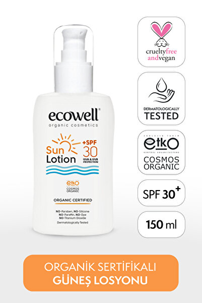 Ecowell Organik Güneş Losyonu, 30 Spf, Vegan Sertifikalı, Mineral Filtre Yüz Ve Vücut, Uva Uvb Koruma 150 ml