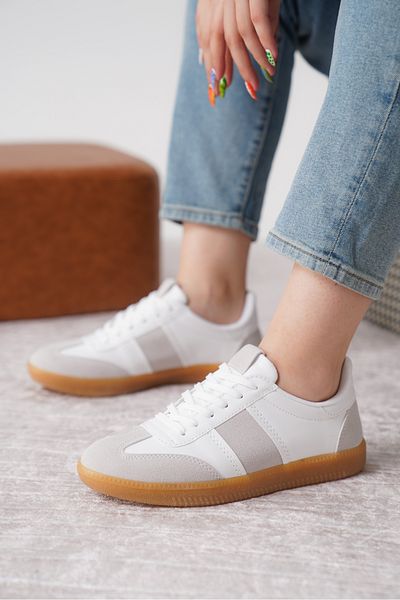 Moda Değirmeni Pantofi de damă alb gri MD1095-101-0004 Talpă anti-alunecare cu șireturi