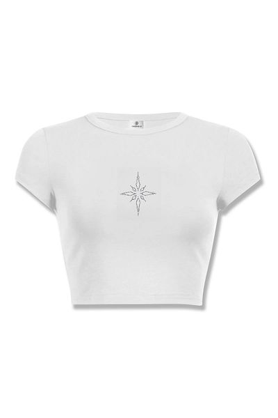 Trendiz Crop Top cu imprimeu Compass Stone Alb