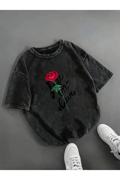 PENTHİLUS Tricou cu grafic trandafir roșu pentru femei - amestec confortabil, mânecă scurtă, decolteu rotund