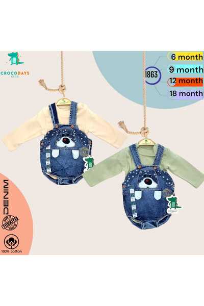 CROCODAYS Uzun Kol Unisex Çocuk Bebek Kot (JEANS) Yıldız Desenli Köpek Nakışl...