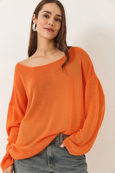 Bianco Lucci Women's Orange Boat Neck Knitwear Mercerized Basic Blouse 251014...