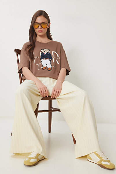 Lovelyİstanbul Teddy Bear Κεντημένο Βαμβακερό Πλεκτό Μπλουζάκι ΚΑΦΕ LCR0027