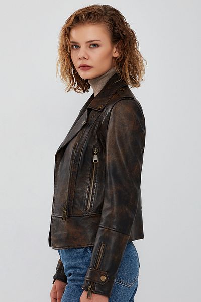 Derimod New York Brown Vintage Women's Biker Leather Jacket - 23wgd5128ry