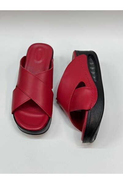 DİVA Kırmızı Deri Airmax Taban Kadın Günlük Terlik