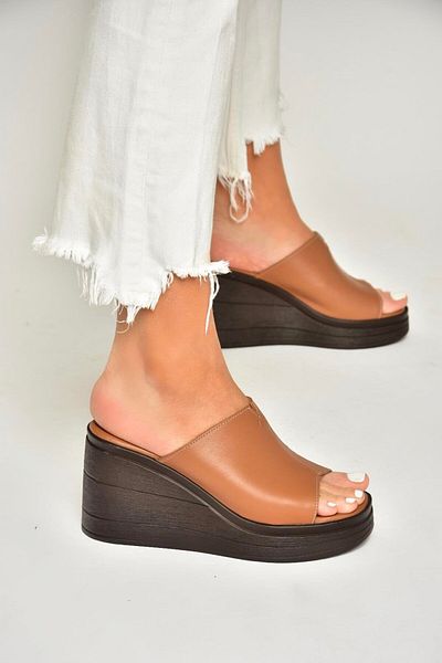 Fox Shoes P 555961203   Tan Genuine Leather Wedge Heeled Women's Slippers