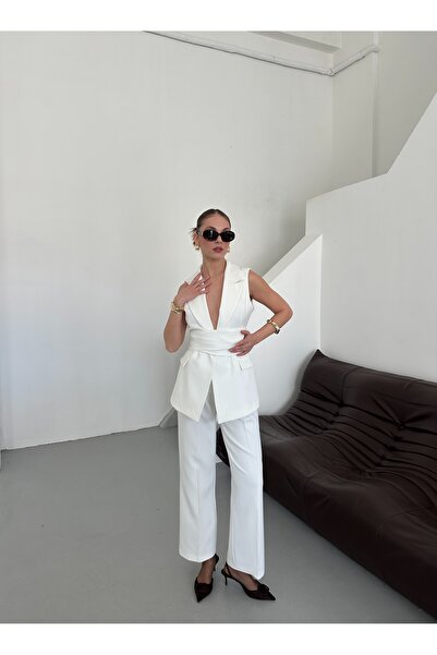 Laluvia Λευκό Σετ Παντελόνι Γιλέκο Ζώνης Eliana - 2786