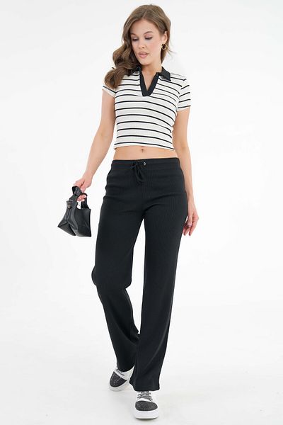Saade Black Lace-Up Fitted/Fitted Stretchy Ribbed Knitted Trousers