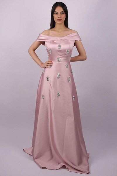 SpringStore Rochie de seară din satin brodat cu guler barcă pudră