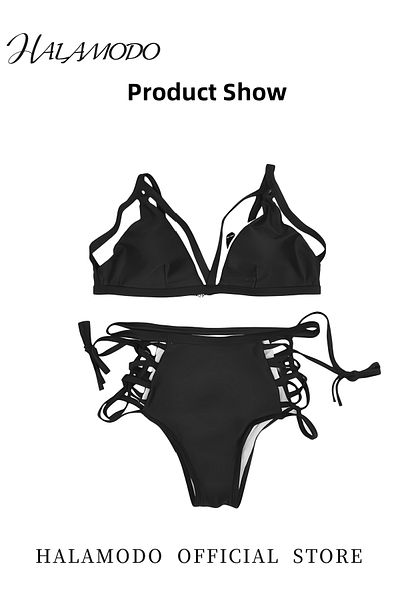 HALAMODO Women's Bikini Set High Waisted Strappy Beachwear Swimwear Swimsuit Cross Suspender Split Bikini Cut