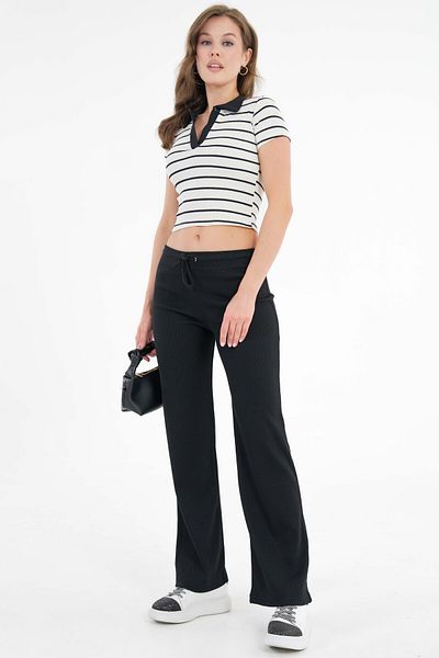 Saade Black Lace-Up Fitted/Fitted Stretchy Ribbed Knitted Trousers