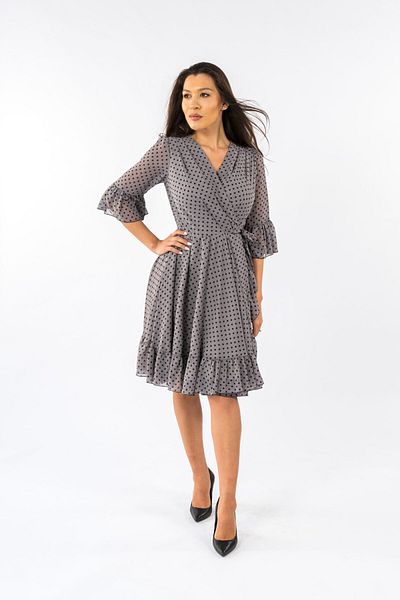 Gorgeaux Claudia Grey Dress with Black Polka Dots - 4XL(48)