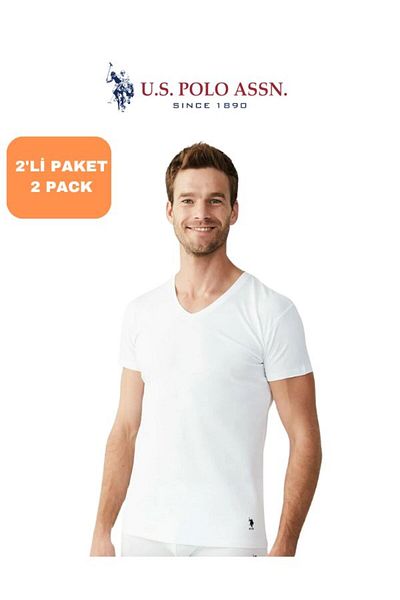 U.S. Polo Assn. Tricou Fatu cu decolteu în V din 2 piese din bumbac modal USPA cu licență pentru bărbați