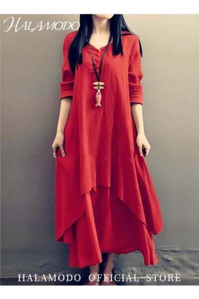 HALAMODO Women's Maxi Dress Solid Cotton Linen Plus Size Long Dresses Casaul Loose Dresses with Pockets 3/4 S