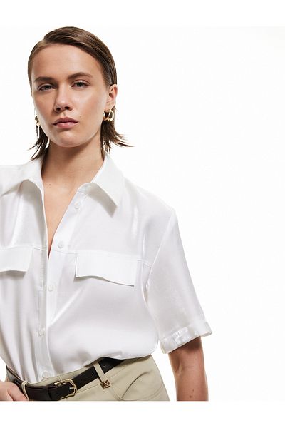 Koton Classic Collar Short Sleeve Satin Shirt with Pockets