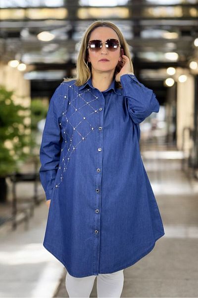 yagmurberen Stone Print Front Buttoned Long Sleeve Plus Size Tnsel Shirt Tunic with Pearl Button Accessories
