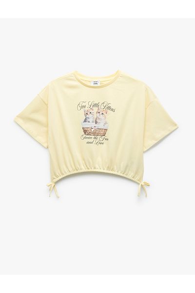 Koton Cotton Crew Neck Short Sleeve Kitten Printed Crop T-Shirt