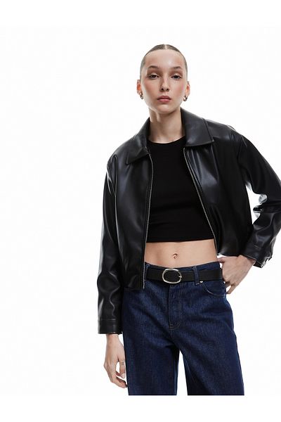 Koton Μπουφάν Bomber από συνθετικό δέρμα με γιακά πουκάμισου με τσέπη με φερμουάρ