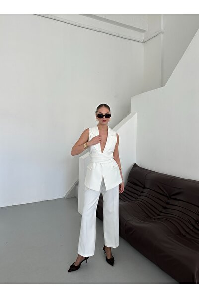 Laluvia Λευκό Σετ Παντελόνι Γιλέκο Ζώνης Eliana - 2786