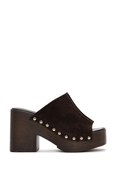 Derimod Piele de piele intoarsa maro - Papuci de dama cu toc gros 24sfd 150310