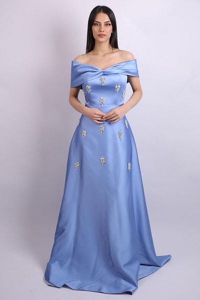 SpringStore Rochie de seară din satin brodat cu guler barcă albastru