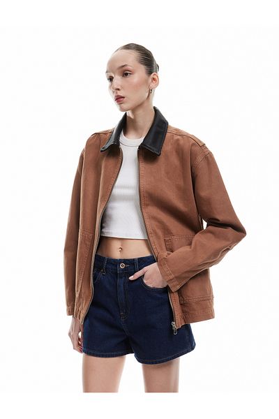 Koton Denim Jacket with Faux Leather Collar and Zippered Pocket