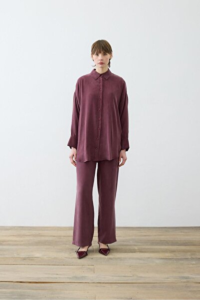 TERZİ DÜKKANI Burgundy Prime Stonewash Silk Pants Set