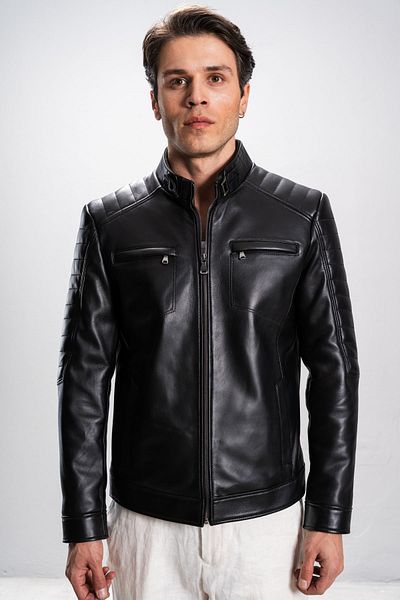Dericlub Monza Men's Judge Collar Shoulder Stitched Genuine Leather Sports Coat Black