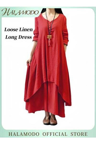 HALAMODO Women's Maxi Dress Solid Cotton Linen Plus Size Long Dresses Casaul Loose Dresses with Pockets 3/4 S