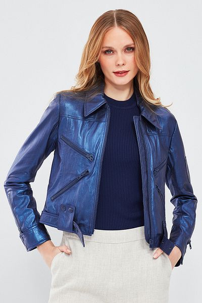 Derimod Sirena Navy Blue Short Leather Women's Jacket - 23wgd50761t