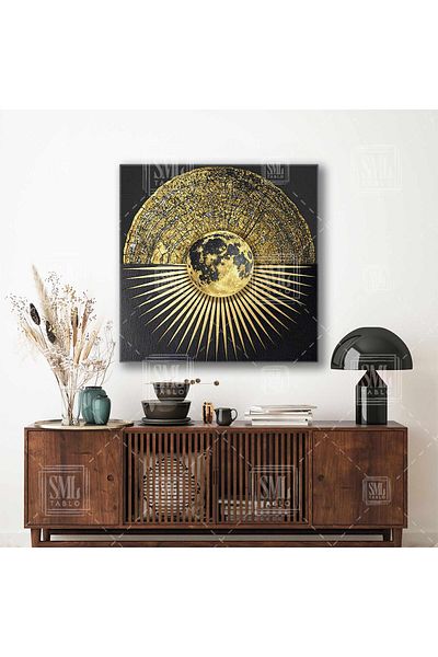 SML TABLO Luna și Pământul în centru Modern Lux Aur Geometric Abstract Decorativ Pătrat Pictură pe pânză
