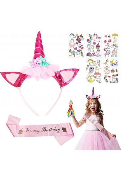 LOPOTIN Set de coronita, panglica si stickere cu unicorni LOPOTIN, 8 piese, roz