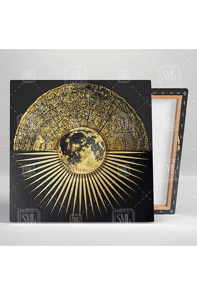 SML TABLO Luna și Pământul în centru Modern Lux Aur Geometric Abstract Decorativ Pătrat Pictură pe pânză