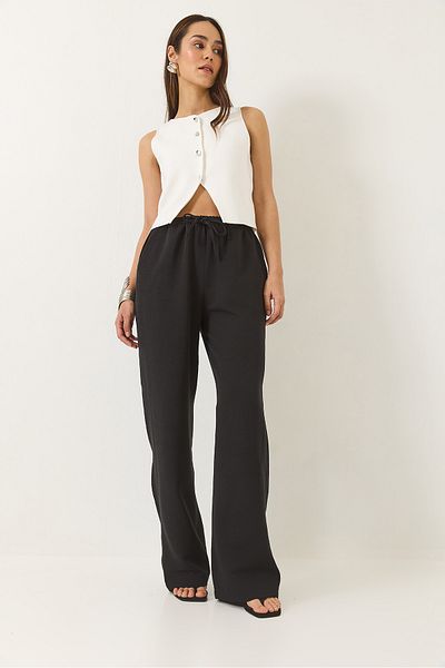 Bianco Lucci Women's Elastic Waist Pocket Detailed Palazzo Linen Trousers 80182 60271083