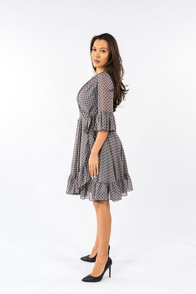 Gorgeaux Claudia Grey Dress with Black Polka Dots - 4XL(48)