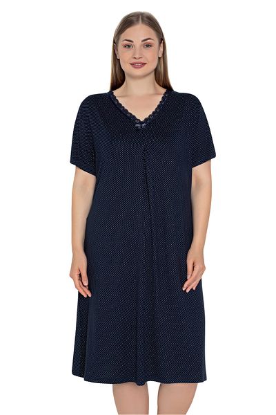 Cotpark Women's Large Size Viscose Fabric Lace Detailed Short Sleeve Navy Blue Nightgown 12165