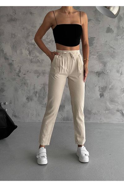 Leo Ferre Women's Raw Linen Elastic Waist Trousers