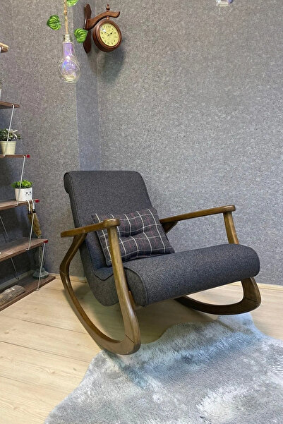 Reyo İskandinav Ahşap Sallanan Sandalye Berjer Dinlenme Emzirme Baba Tv Koltuğu Ceviz Antrasit Gri