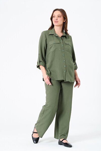 BUSA Maternity Loose Wide Leg Adjustable Waist Shirt Suit Khaki