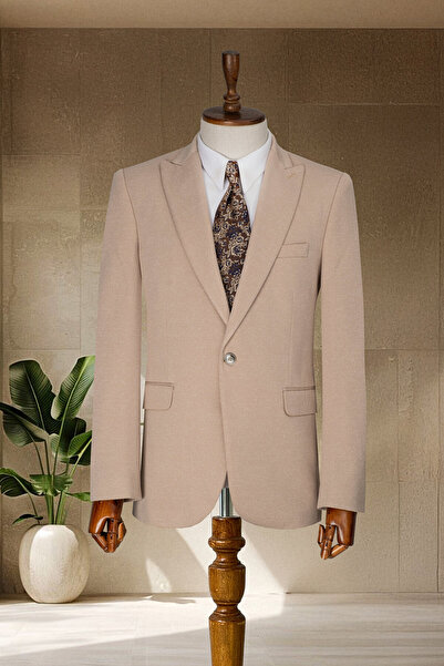 MODA DİNA Kahve Köpüğü Dokulu İtalyan Stil Slim Fit Erkek Blazer Ceket
