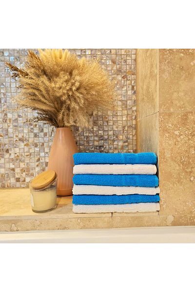 Kotonia Home Set of 6 Hand Towels - Greek Border, 30x50 Cm, 100% Cotton, Turquoise with White