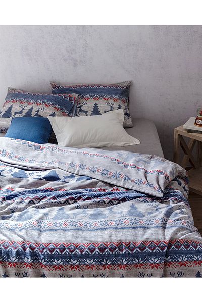 Madame Coco Vixien Bettbezug-Set, 100 % Baumwolle, Flanell, Kingsize, Indigo/Rot