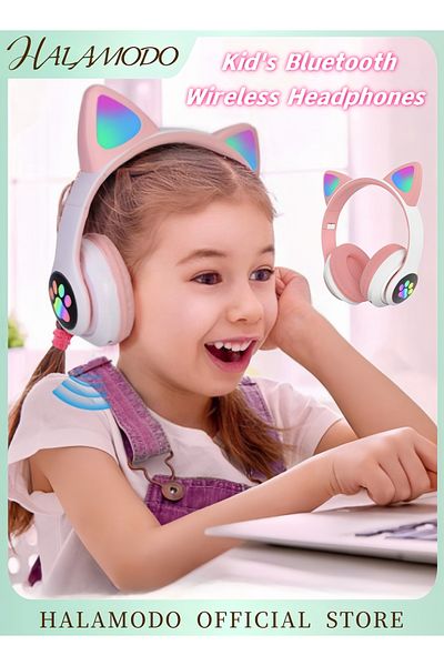 HALAMODO Kid's Bluetooth Wireless Headphones Cat Ear LED Light Up Bluetooth Foldable Headphones Adjust Headba