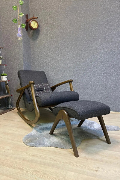 Reyo İskandinav Ahşap Sallanan Sandalye Berjer Dinlenme Emzirme Baba Tv Koltuğu Ceviz Antrasit Gri